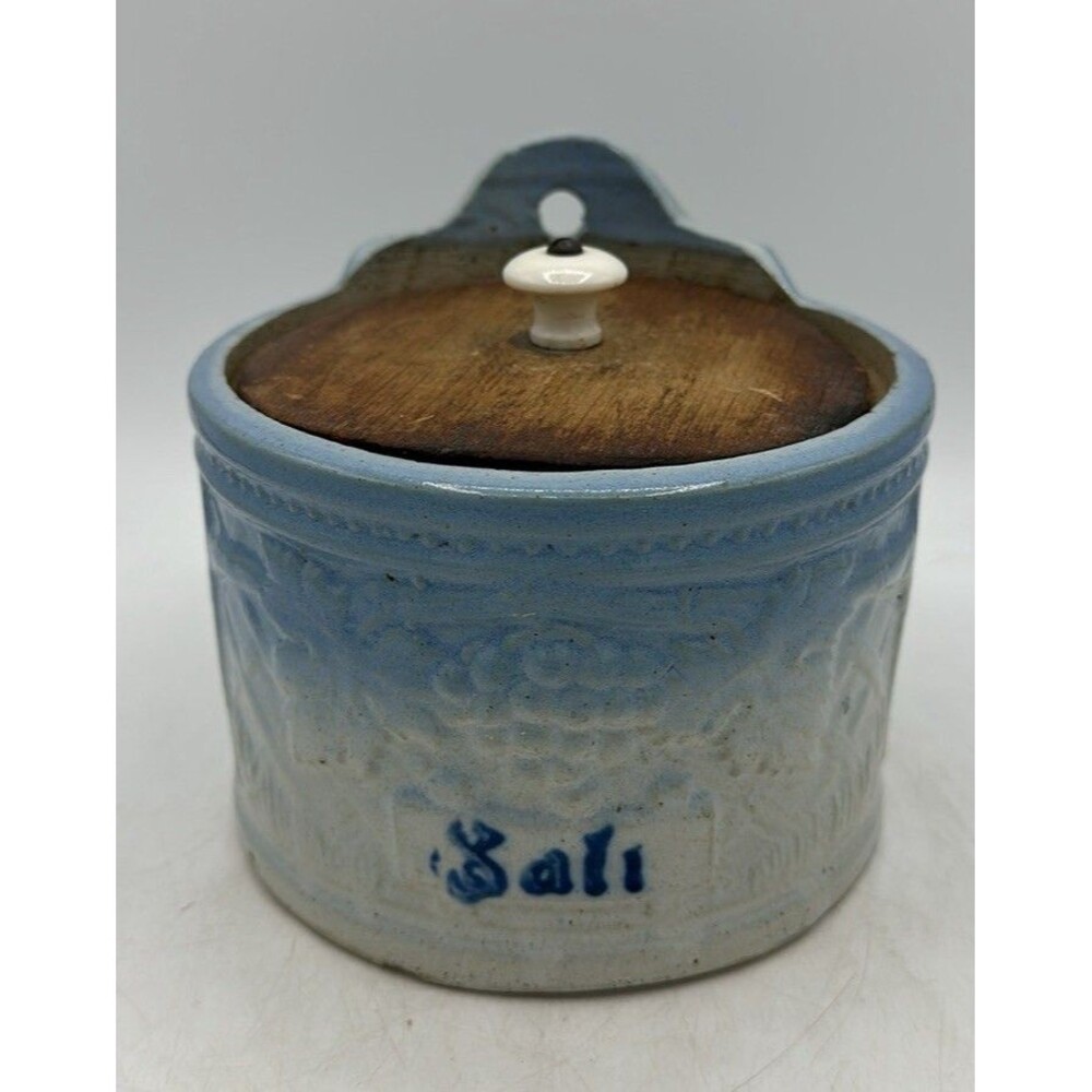 Primitive Antique Salt Crock Jar Country Blue White Lid Stoneware Wall Hanging